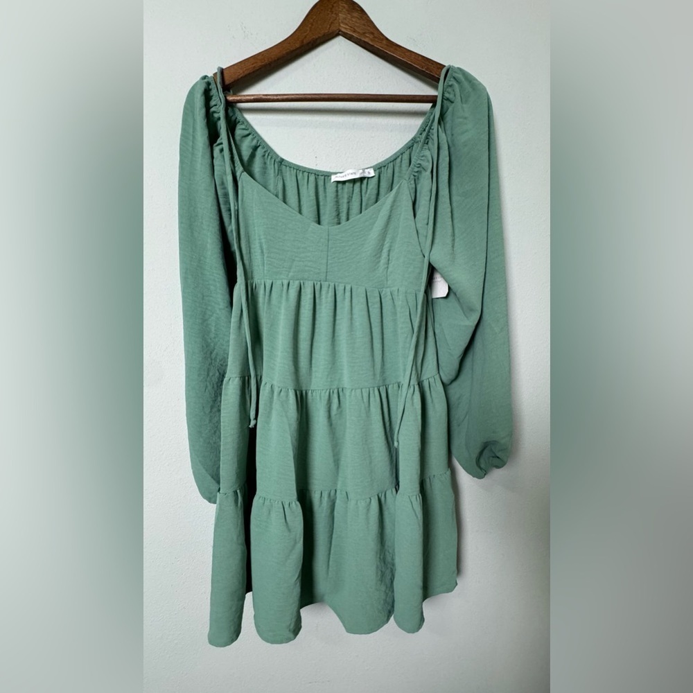 NWT Altar'd State Boho Babydoll Tiered Bubble Sleeve Dress‎ in Sage Size Small - Picture 2 of 8